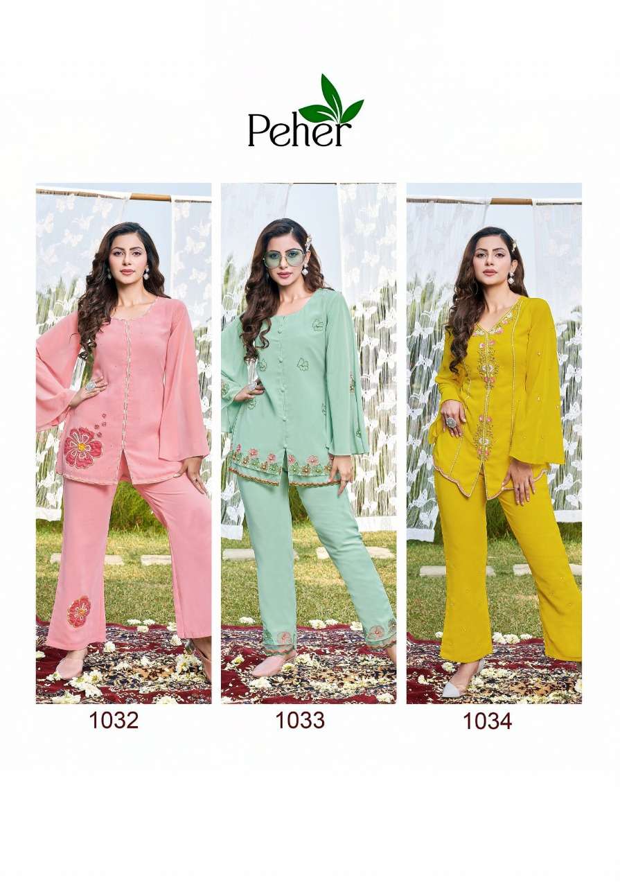 DESI GIRL BY PEHER 1032 TO 1036 SERIES BEAUTIFUL COLORFUL STYLISH FANCY CASUAL WEAR & READY TO WEAR GEORGETTE TOPS WITH BOTTOM AT WHOLESALE PRICE