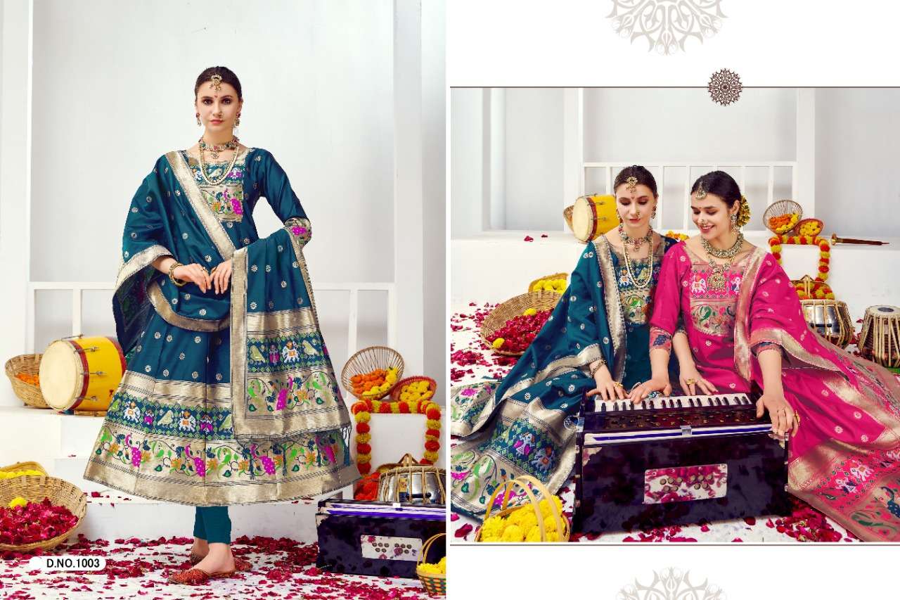 MUHURTHAM PAITHANI BY SMIT CREATION 1001 TO 1010 SERIES BEAUTIFUL SUITS COLORFUL STYLISH FANCY CASUAL WEAR & ETHNIC WEAR PURE TAPETA SILK GOWN WITH DUPATTA AT WHOLESALE PRICE