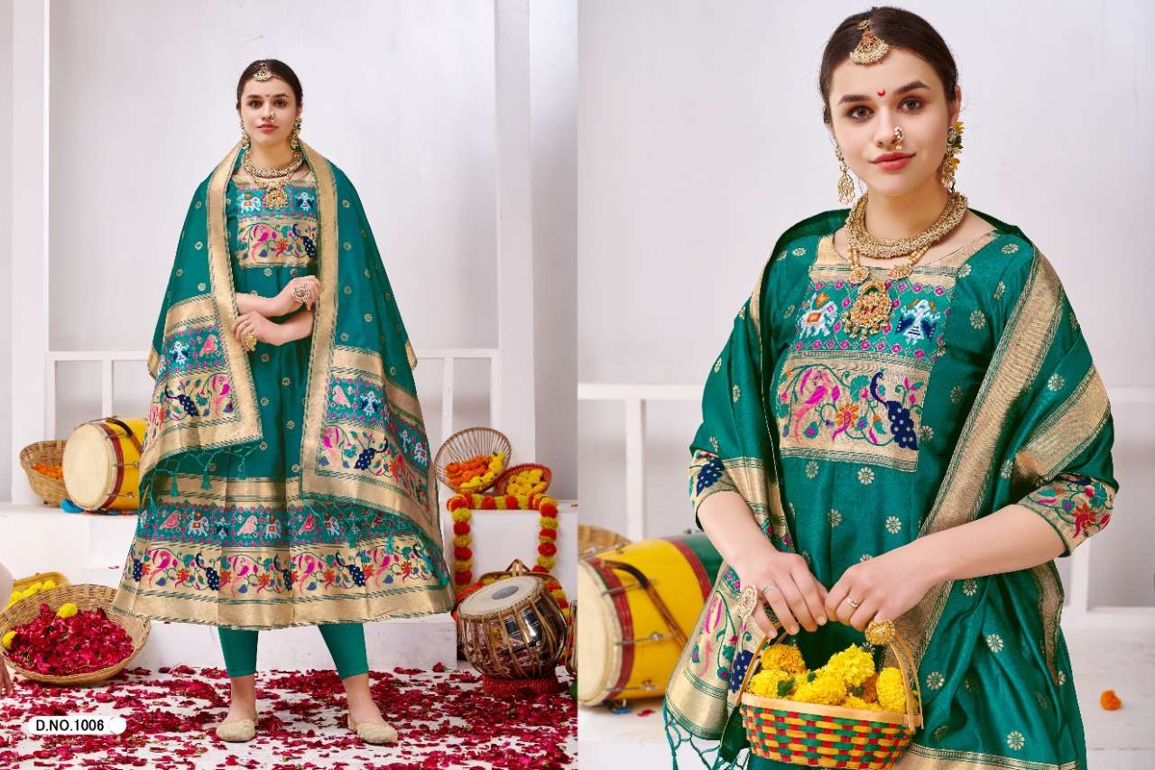 MUHURTHAM PAITHANI BY SMIT CREATION 1001 TO 1010 SERIES BEAUTIFUL SUITS COLORFUL STYLISH FANCY CASUAL WEAR & ETHNIC WEAR PURE TAPETA SILK GOWN WITH DUPATTA AT WHOLESALE PRICE