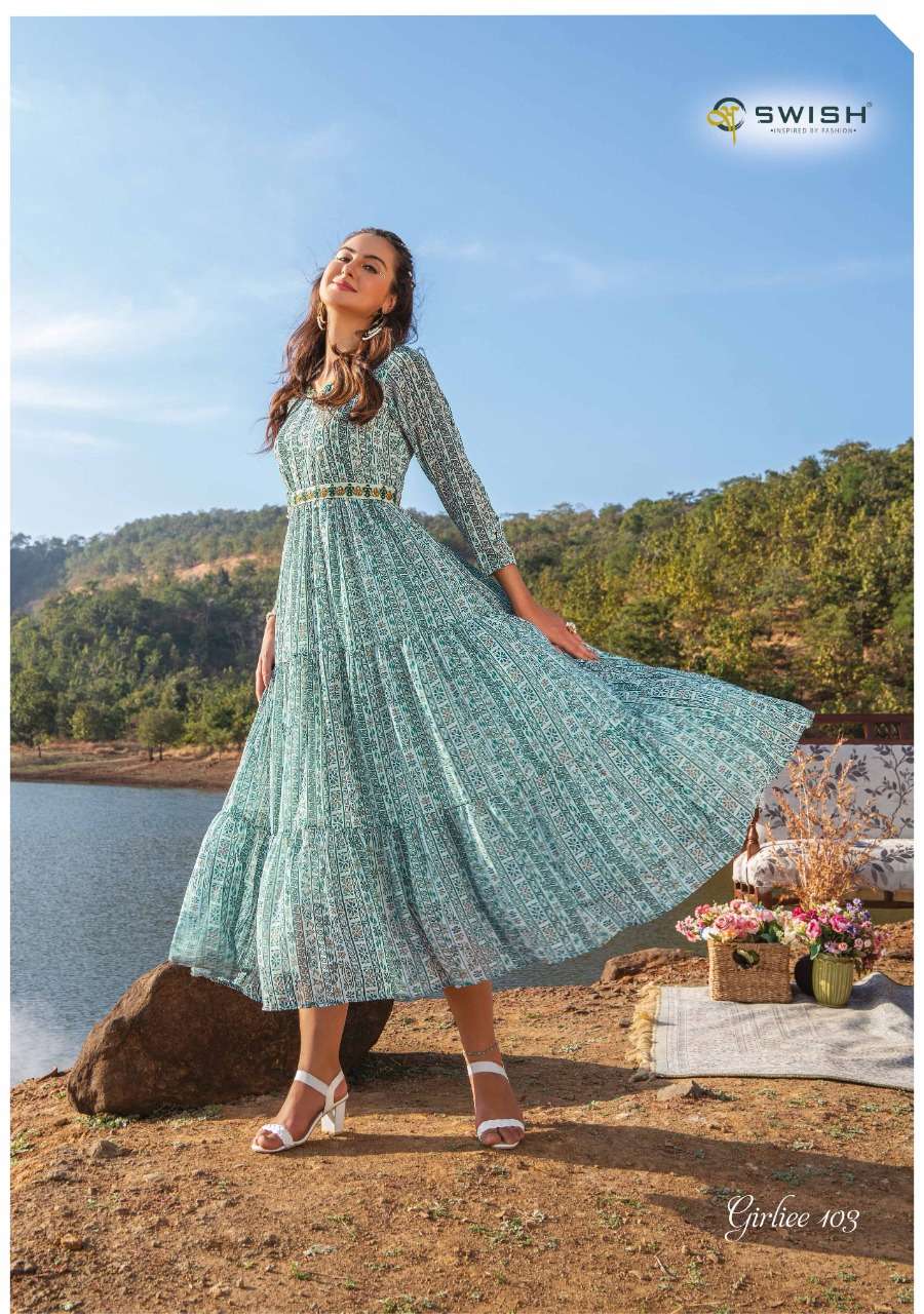 GIRLIEE BY SWISH 101 TO 106 SERIES STYLISH FANCY COLORFUL BEAUTIFUL PARTY WEAR & ETHNIC WEAR COLLECTION VISCOSE GEORGETTE KURTIS AT WHOLESALE PRICE