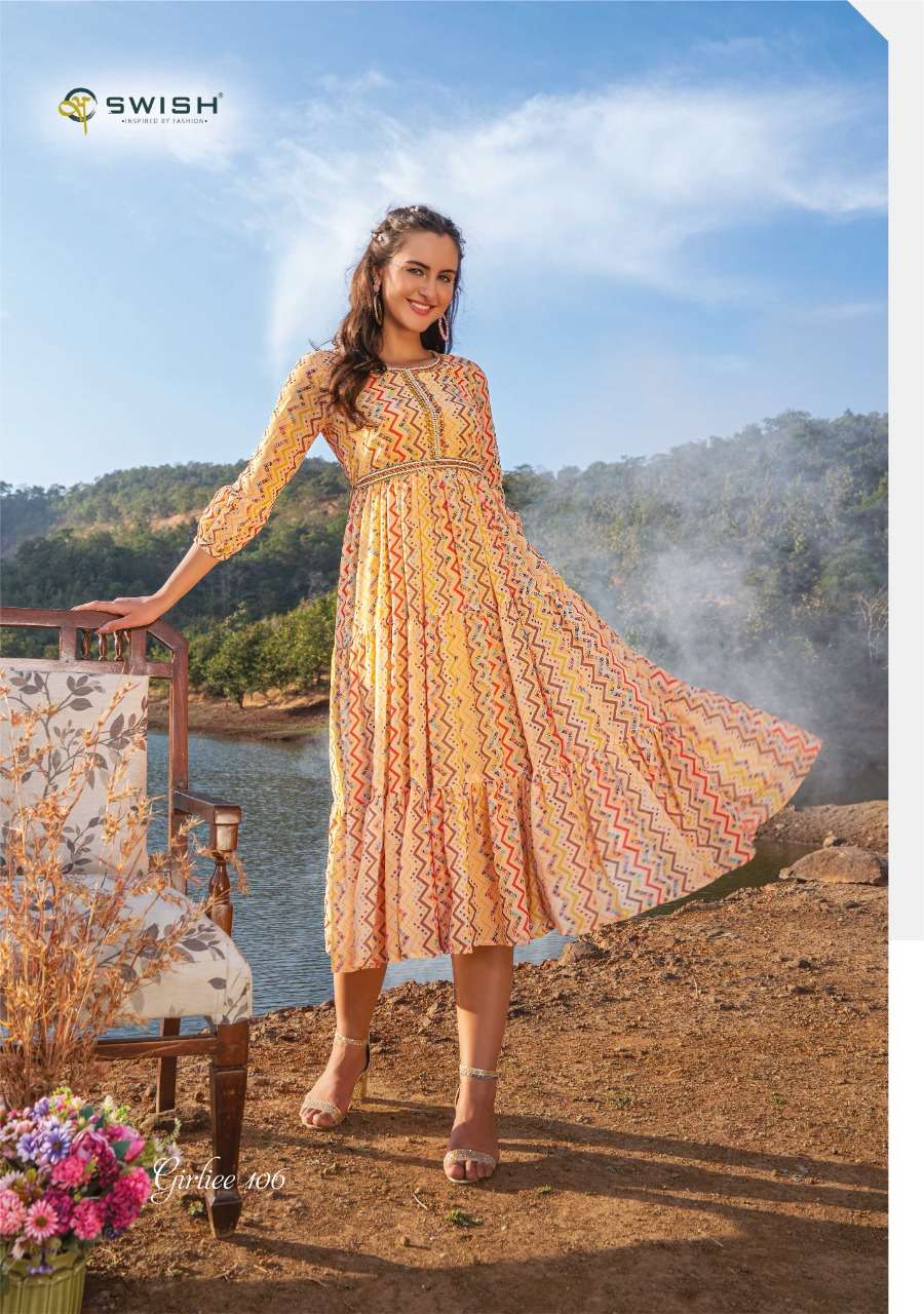GIRLIEE BY SWISH 101 TO 106 SERIES STYLISH FANCY COLORFUL BEAUTIFUL PARTY WEAR & ETHNIC WEAR COLLECTION VISCOSE GEORGETTE KURTIS AT WHOLESALE PRICE