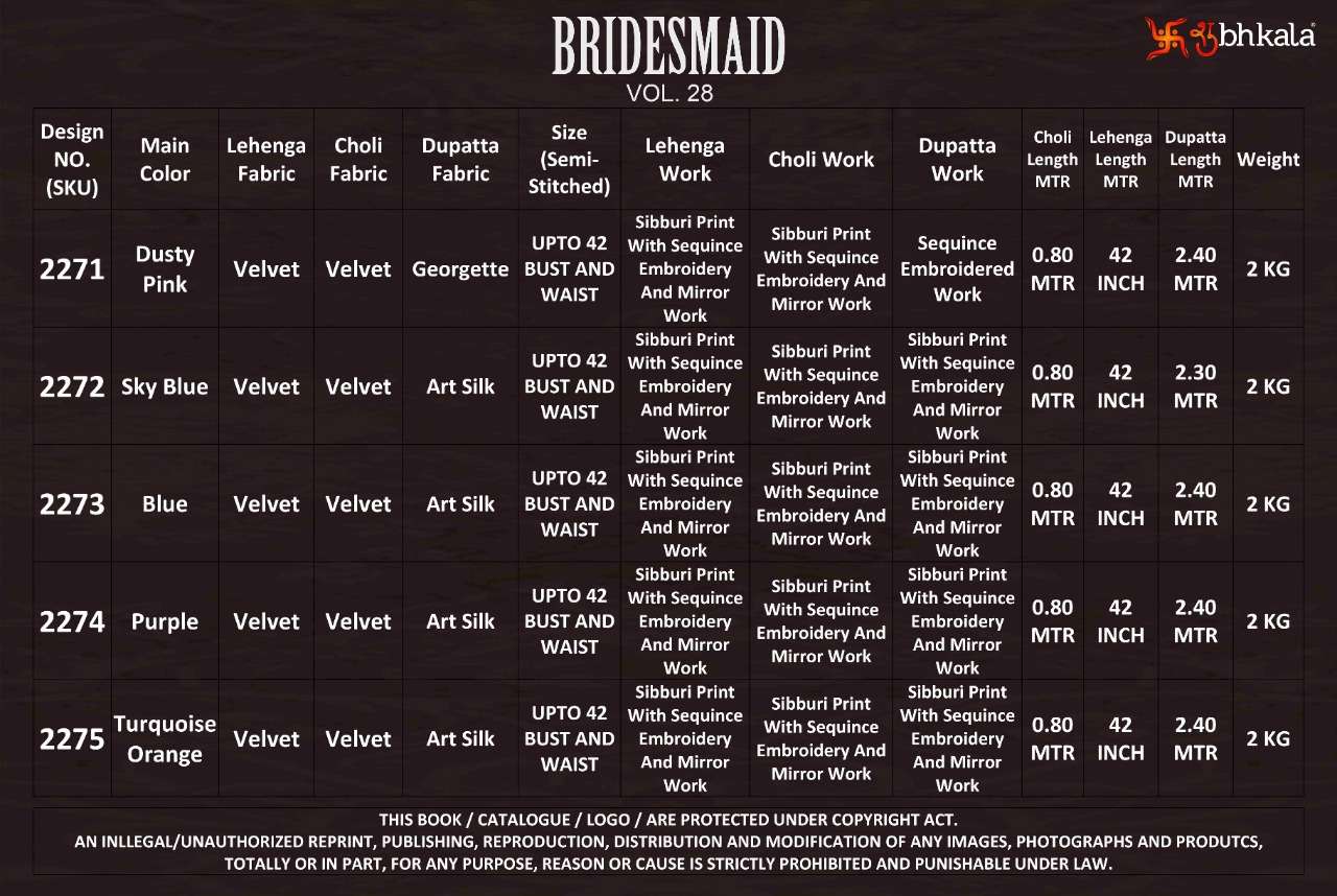 Bridesmaid Vol-28 By Shubhkala 2271 To 2275 Series Bridal Wear Collection Beautiful Stylish Colorful Fancy Party Wear & Occasional Wear Silk Lehengas At Wholesale Price