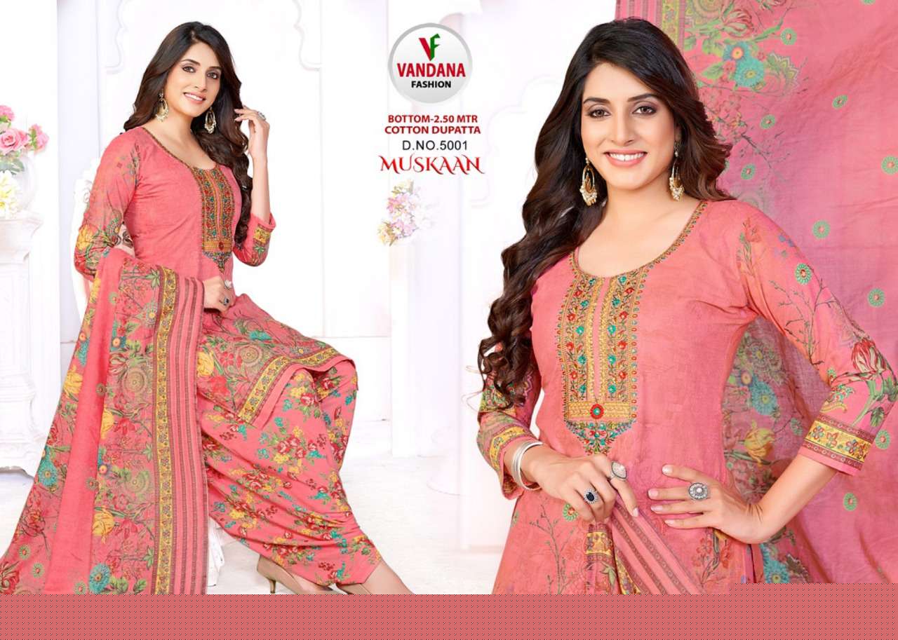 MUSKAAN VOL-5 BY VANDANA 5001 TO 5012 SERIES BEAUTIFUL SUITS COLORFUL STYLISH FANCY CASUAL WEAR & ETHNIC WEAR HEAVY COTTON PRINT DRESSES AT WHOLESALE PRICE