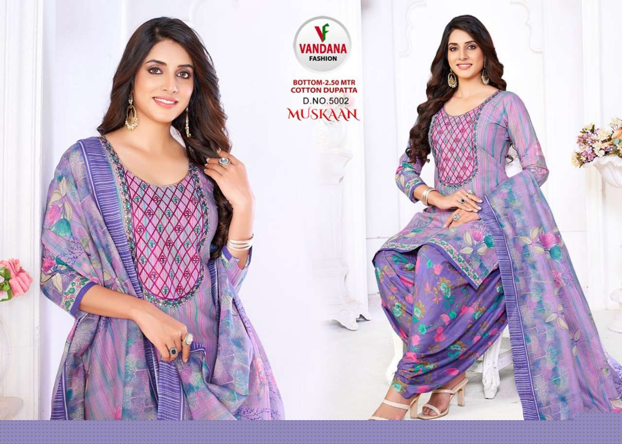MUSKAAN VOL-5 BY VANDANA 5001 TO 5012 SERIES BEAUTIFUL SUITS COLORFUL STYLISH FANCY CASUAL WEAR & ETHNIC WEAR HEAVY COTTON PRINT DRESSES AT WHOLESALE PRICE