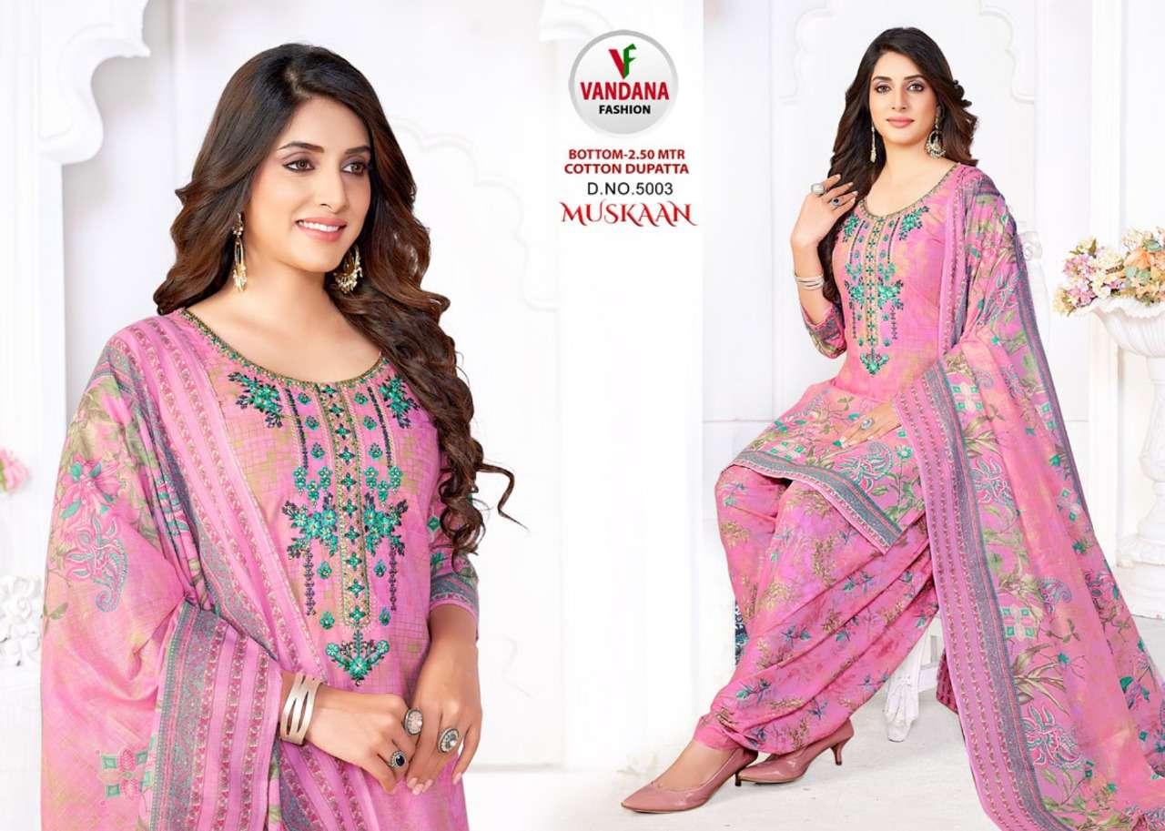 MUSKAAN VOL-5 BY VANDANA 5001 TO 5012 SERIES BEAUTIFUL SUITS COLORFUL STYLISH FANCY CASUAL WEAR & ETHNIC WEAR HEAVY COTTON PRINT DRESSES AT WHOLESALE PRICE