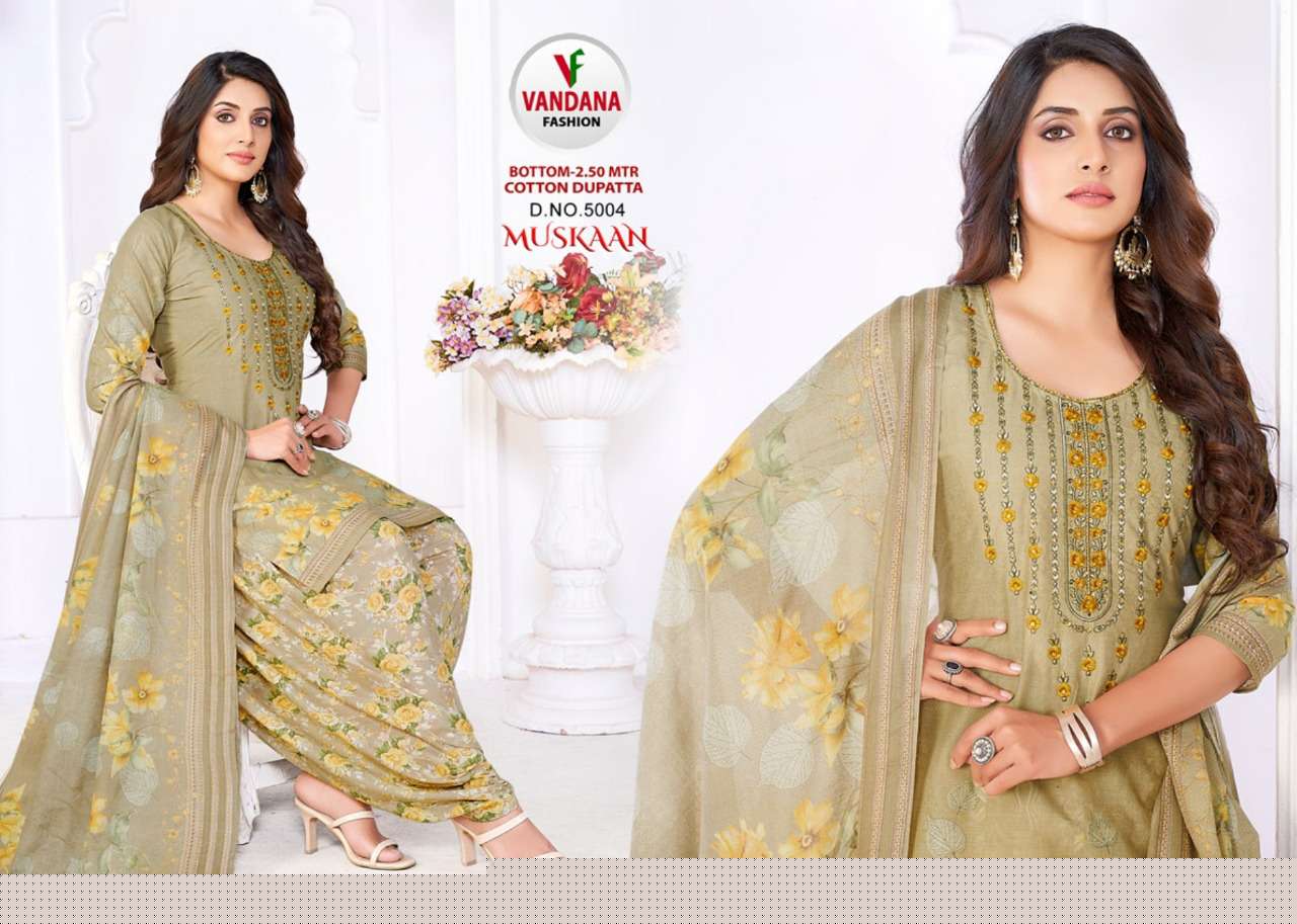 MUSKAAN VOL-5 BY VANDANA 5001 TO 5012 SERIES BEAUTIFUL SUITS COLORFUL STYLISH FANCY CASUAL WEAR & ETHNIC WEAR HEAVY COTTON PRINT DRESSES AT WHOLESALE PRICE
