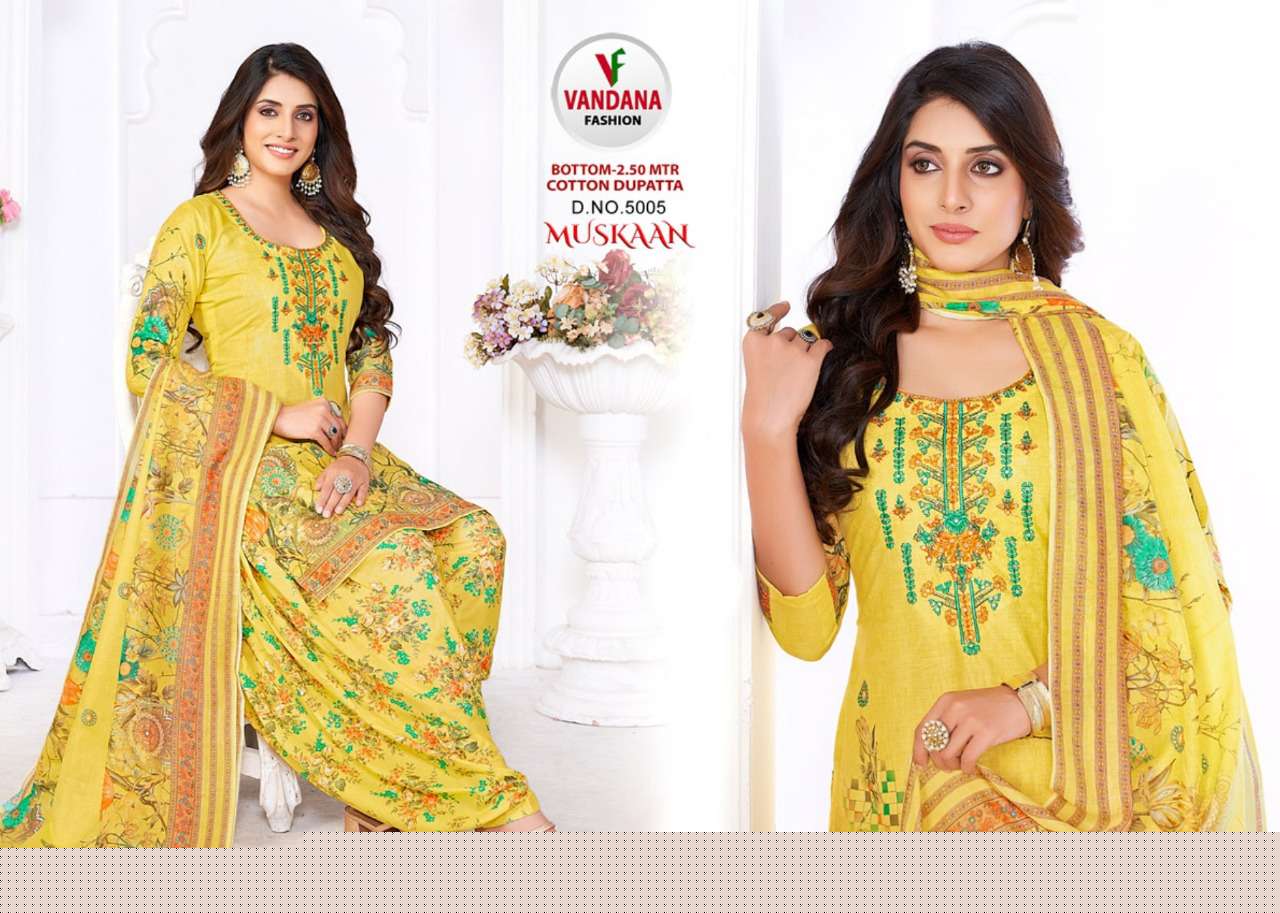 MUSKAAN VOL-5 BY VANDANA 5001 TO 5012 SERIES BEAUTIFUL SUITS COLORFUL STYLISH FANCY CASUAL WEAR & ETHNIC WEAR HEAVY COTTON PRINT DRESSES AT WHOLESALE PRICE