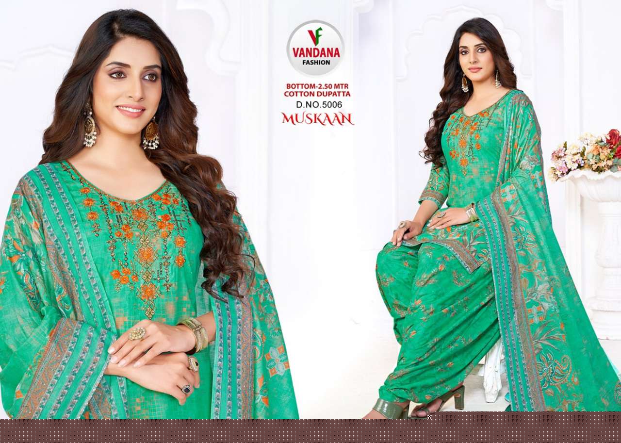 MUSKAAN VOL-5 BY VANDANA 5001 TO 5012 SERIES BEAUTIFUL SUITS COLORFUL STYLISH FANCY CASUAL WEAR & ETHNIC WEAR HEAVY COTTON PRINT DRESSES AT WHOLESALE PRICE