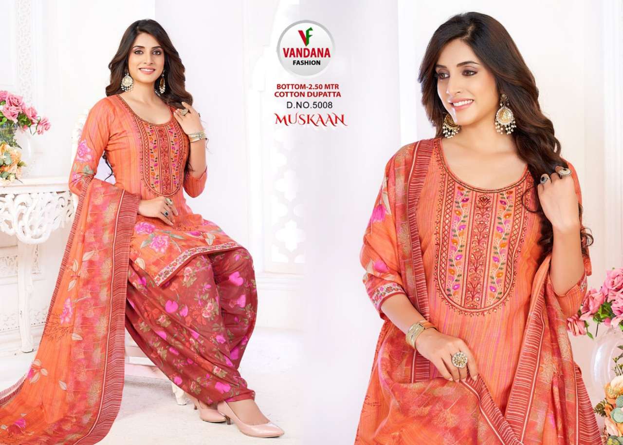MUSKAAN VOL-5 BY VANDANA 5001 TO 5012 SERIES BEAUTIFUL SUITS COLORFUL STYLISH FANCY CASUAL WEAR & ETHNIC WEAR HEAVY COTTON PRINT DRESSES AT WHOLESALE PRICE