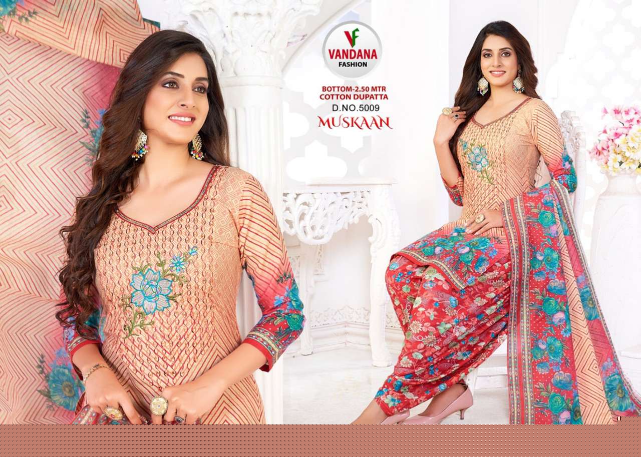 MUSKAAN VOL-5 BY VANDANA 5001 TO 5012 SERIES BEAUTIFUL SUITS COLORFUL STYLISH FANCY CASUAL WEAR & ETHNIC WEAR HEAVY COTTON PRINT DRESSES AT WHOLESALE PRICE