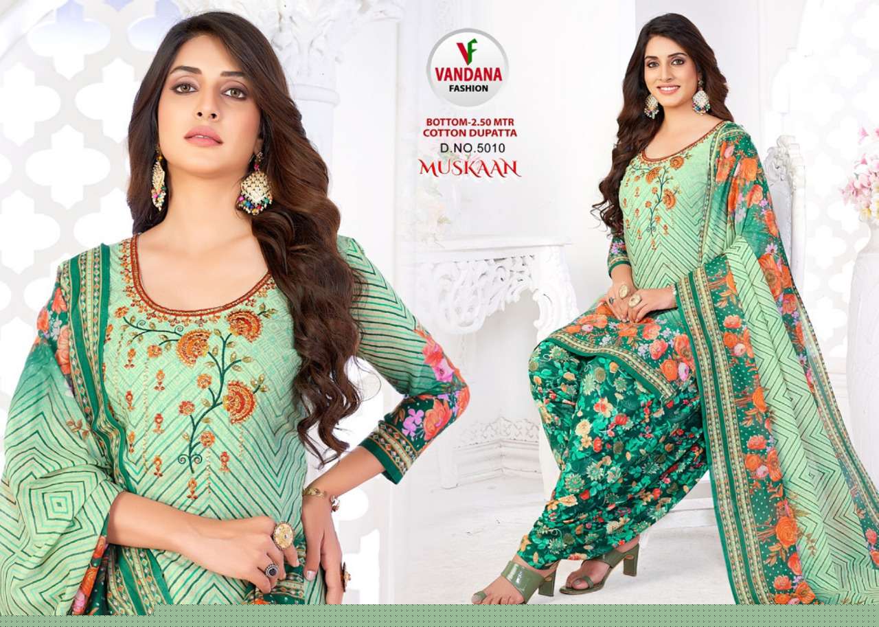 MUSKAAN VOL-5 BY VANDANA 5001 TO 5012 SERIES BEAUTIFUL SUITS COLORFUL STYLISH FANCY CASUAL WEAR & ETHNIC WEAR HEAVY COTTON PRINT DRESSES AT WHOLESALE PRICE