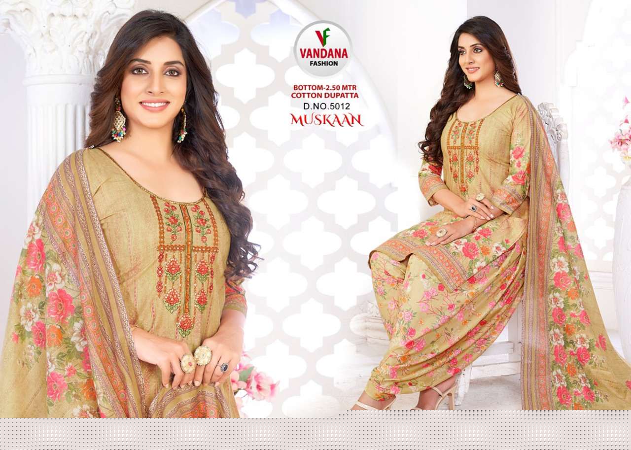 MUSKAAN VOL-5 BY VANDANA 5001 TO 5012 SERIES BEAUTIFUL SUITS COLORFUL STYLISH FANCY CASUAL WEAR & ETHNIC WEAR HEAVY COTTON PRINT DRESSES AT WHOLESALE PRICE