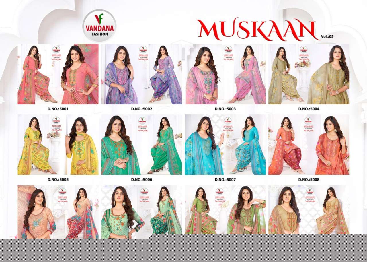 MUSKAAN VOL-5 BY VANDANA 5001 TO 5012 SERIES BEAUTIFUL SUITS COLORFUL STYLISH FANCY CASUAL WEAR & ETHNIC WEAR HEAVY COTTON PRINT DRESSES AT WHOLESALE PRICE
