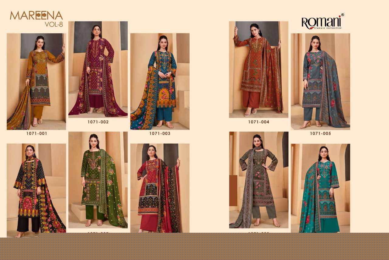 MAREENA VOL-8 BY ROMANI 1071-001 TO 1071-010 SERIES SUITS BEAUTIFUL FANCY COLORFUL STYLISH PARTY WEAR & OCCASIONAL WEAR SOFT COTTON PRINT DRESSES AT WHOLESALE PRICE