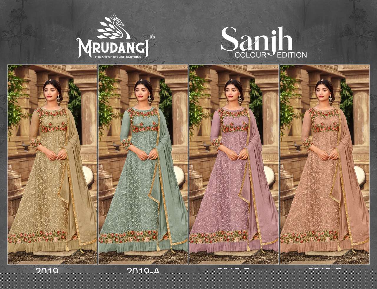 SANJH 2019 COLOURS BY MRUDANGI 2019 TO 2019-C SERIES BEAUTIFUL STYLISH ANARKALI SUITS FANCY COLORFUL CASUAL WEAR & ETHNIC WEAR & READY TO WEAR HEAVY BUTTERFLY NET EMBROIDERED DRESSES AT WHOLESALE PRICE