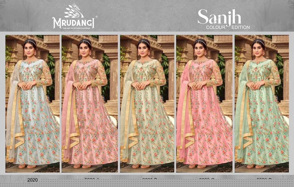 Sanjh 2020 Colours By Mrudangi 2020 To 2020-D Series Beautiful Stylish Anarkali Suits Fancy Colorful Casual Wear & Ethnic Wear & Ready To Wear Heavy Butterfly Net Embroidered Dresses At Wholesale Price