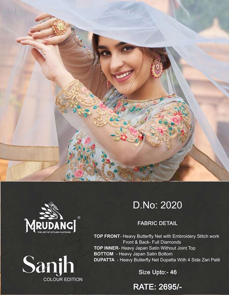 Sanjh 2020 Colours By Mrudangi 2020 To 2020-D Series Beautiful Stylish Anarkali Suits Fancy Colorful Casual Wear & Ethnic Wear & Ready To Wear Heavy Butterfly Net Embroidered Dresses At Wholesale Price