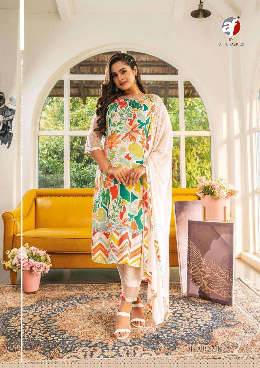 Affair By Anju Fabrics 2721 To 2726 Series Beautiful Suits Colorful Stylish Fancy Casual Wear & Ethnic Wear Viscose Satin Silk Dresses At Wholesale Price