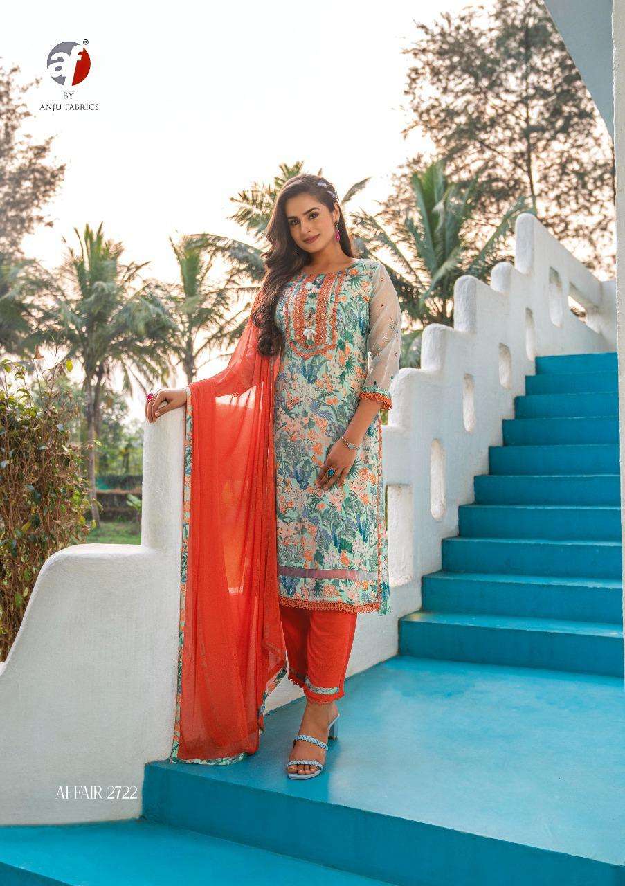 Affair By Anju Fabrics 2721 To 2726 Series Beautiful Suits Colorful Stylish Fancy Casual Wear & Ethnic Wear Viscose Satin Silk Dresses At Wholesale Price