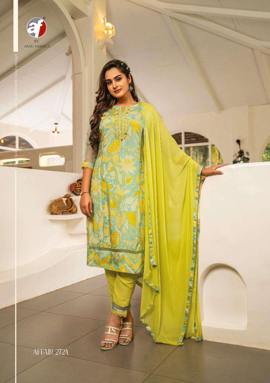 Affair By Anju Fabrics 2721 To 2726 Series Beautiful Suits Colorful Stylish Fancy Casual Wear & Ethnic Wear Viscose Satin Silk Dresses At Wholesale Price