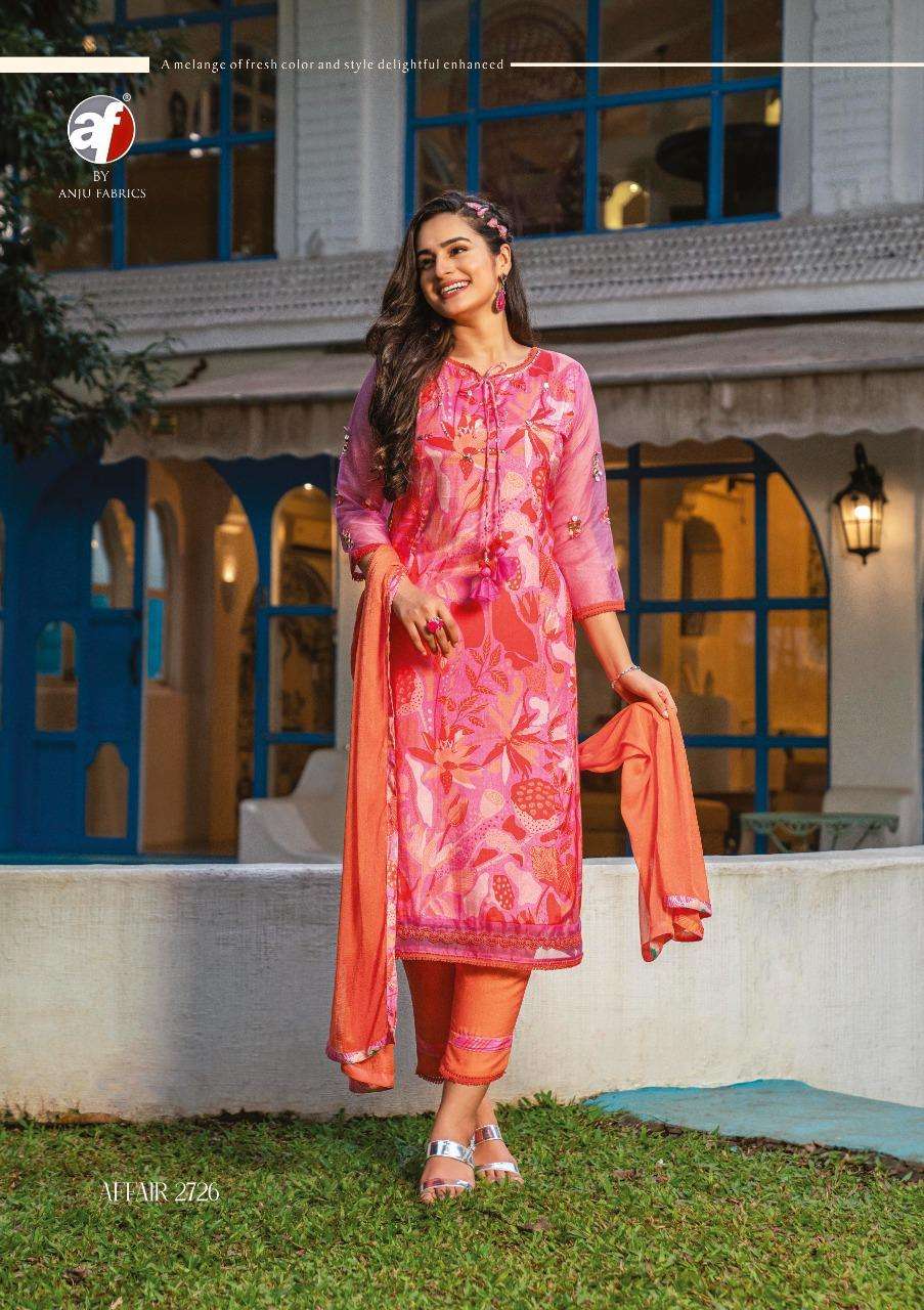 Affair By Anju Fabrics 2721 To 2726 Series Beautiful Suits Colorful Stylish Fancy Casual Wear & Ethnic Wear Viscose Satin Silk Dresses At Wholesale Price