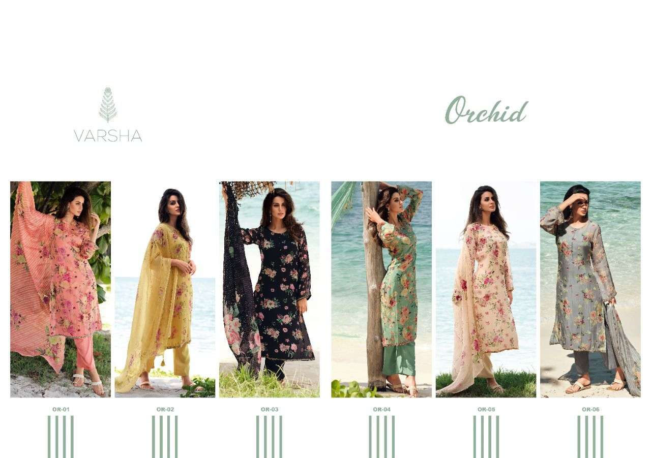 ORCHID BY VARSHA 01 TO 06 SERIES BEAUTIFUL SUITS COLORFUL STYLISH FANCY CASUAL WEAR & ETHNIC WEAR VISCOSE ORGANZA PRINT DRESSES AT WHOLESALE PRICE