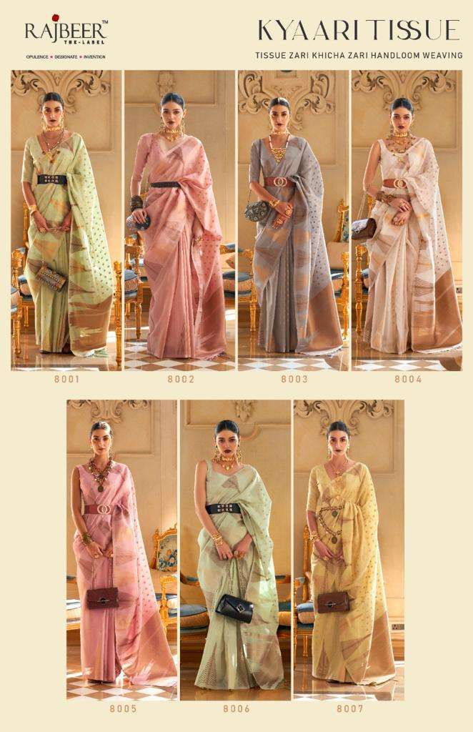 Kyaari Tissue By Rajbeer 8001 To 8007 Series Indian Traditional Wear Collection Beautiful Stylish Fancy Colorful Party Wear & Occasional Wear Tissue Sarees At Wholesale Price