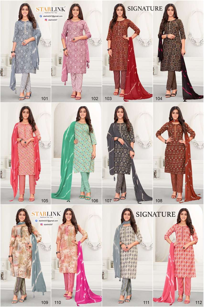 SIGNATURE BY STARLINK 101 TO 112 SERIES BEAUTIFUL FESTIVE SUITS COLORFUL STYLISH FANCY CASUAL WEAR & ETHNIC WEAR CAPSULE PRINT DRESSES AT WHOLESALE PRICE