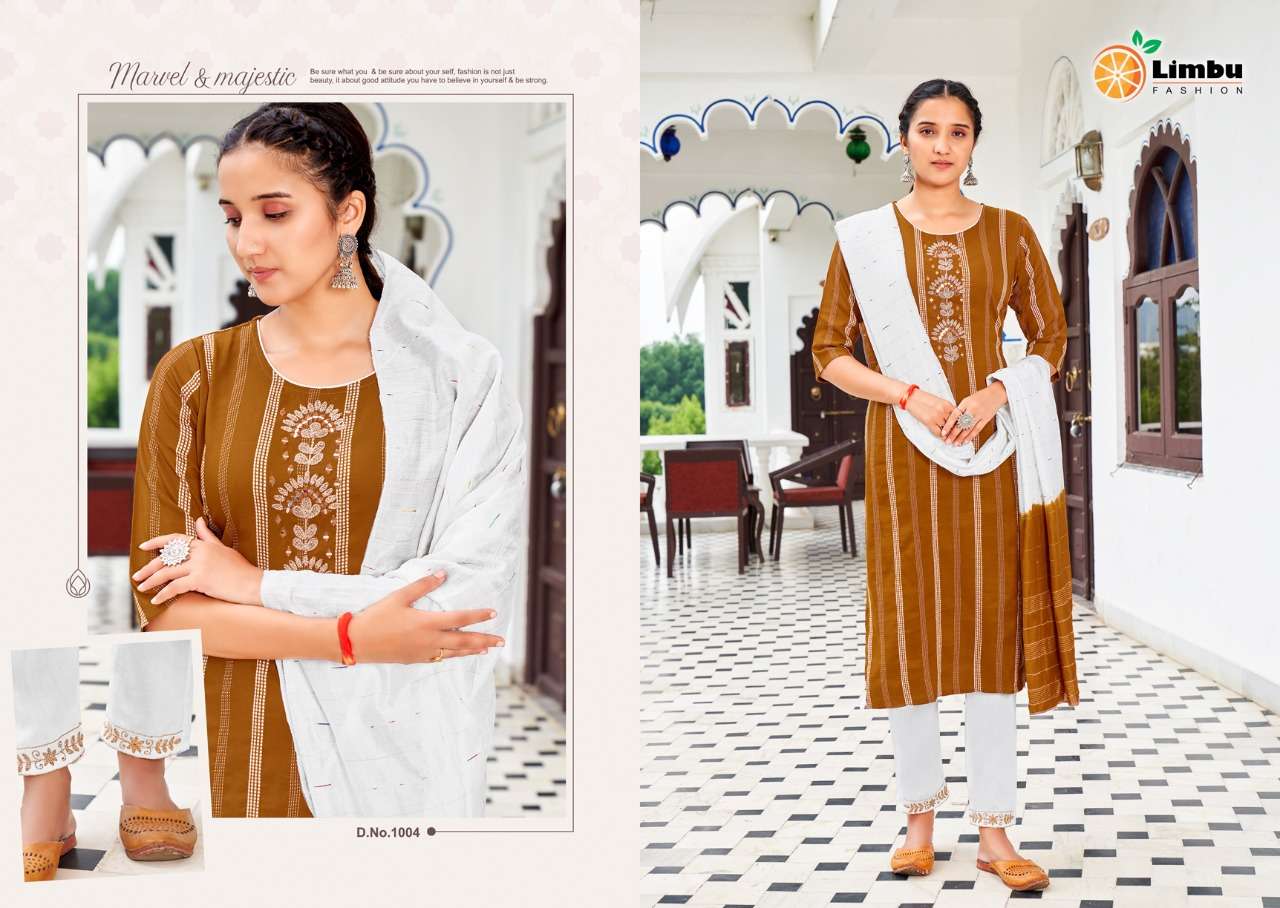 ARIANNA BY LIMBU FASHION 1001 TO 1007 SERIES BEAUTIFUL SUITS COLORFUL STYLISH FANCY CASUAL WEAR & ETHNIC WEAR CHINNON EMBROIDERED DRESSES AT WHOLESALE PRICE