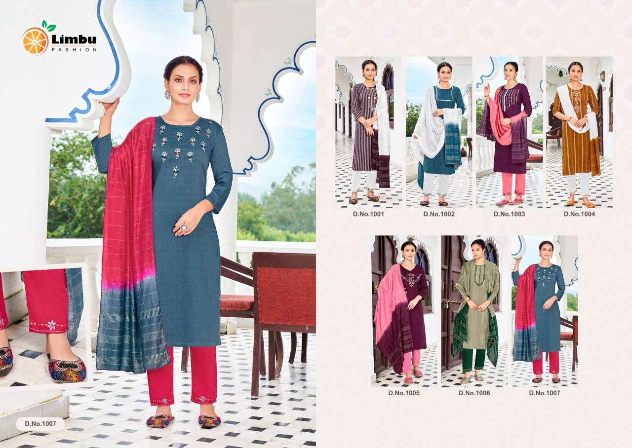 ARIANNA BY LIMBU FASHION 1001 TO 1007 SERIES BEAUTIFUL SUITS COLORFUL STYLISH FANCY CASUAL WEAR & ETHNIC WEAR CHINNON EMBROIDERED DRESSES AT WHOLESALE PRICE
