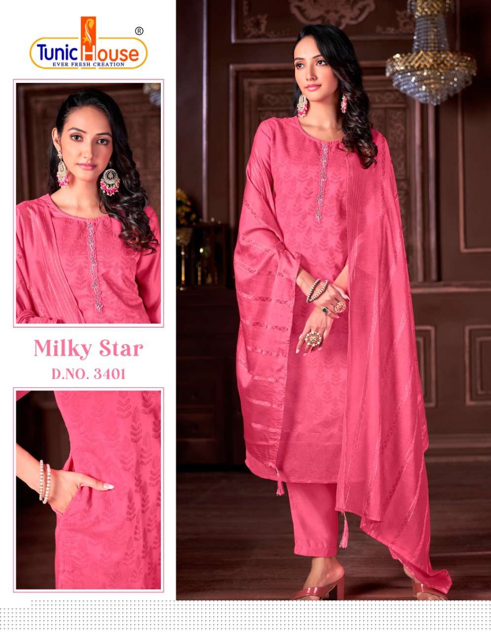 MILKY STAR BY TUNIC HOUSE 3401 TO 3414 SERIES BEAUTIFUL SUITS COLORFUL STYLISH FANCY CASUAL WEAR & ETHNIC WEAR VISCOSE SILK EMBROIDERED DRESSES AT WHOLESALE PRICE