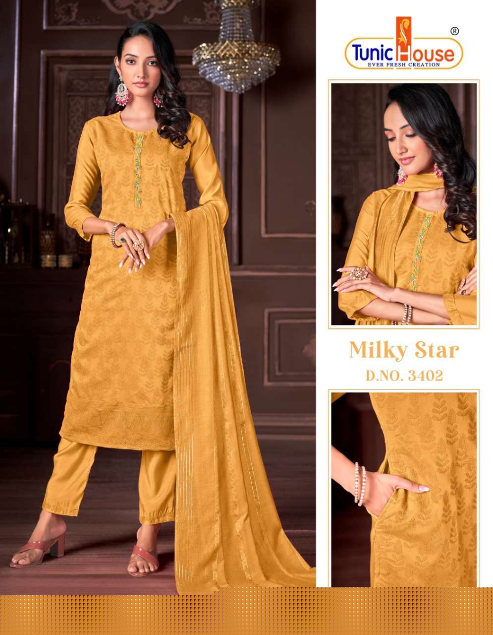 MILKY STAR BY TUNIC HOUSE 3401 TO 3414 SERIES BEAUTIFUL SUITS COLORFUL STYLISH FANCY CASUAL WEAR & ETHNIC WEAR VISCOSE SILK EMBROIDERED DRESSES AT WHOLESALE PRICE
