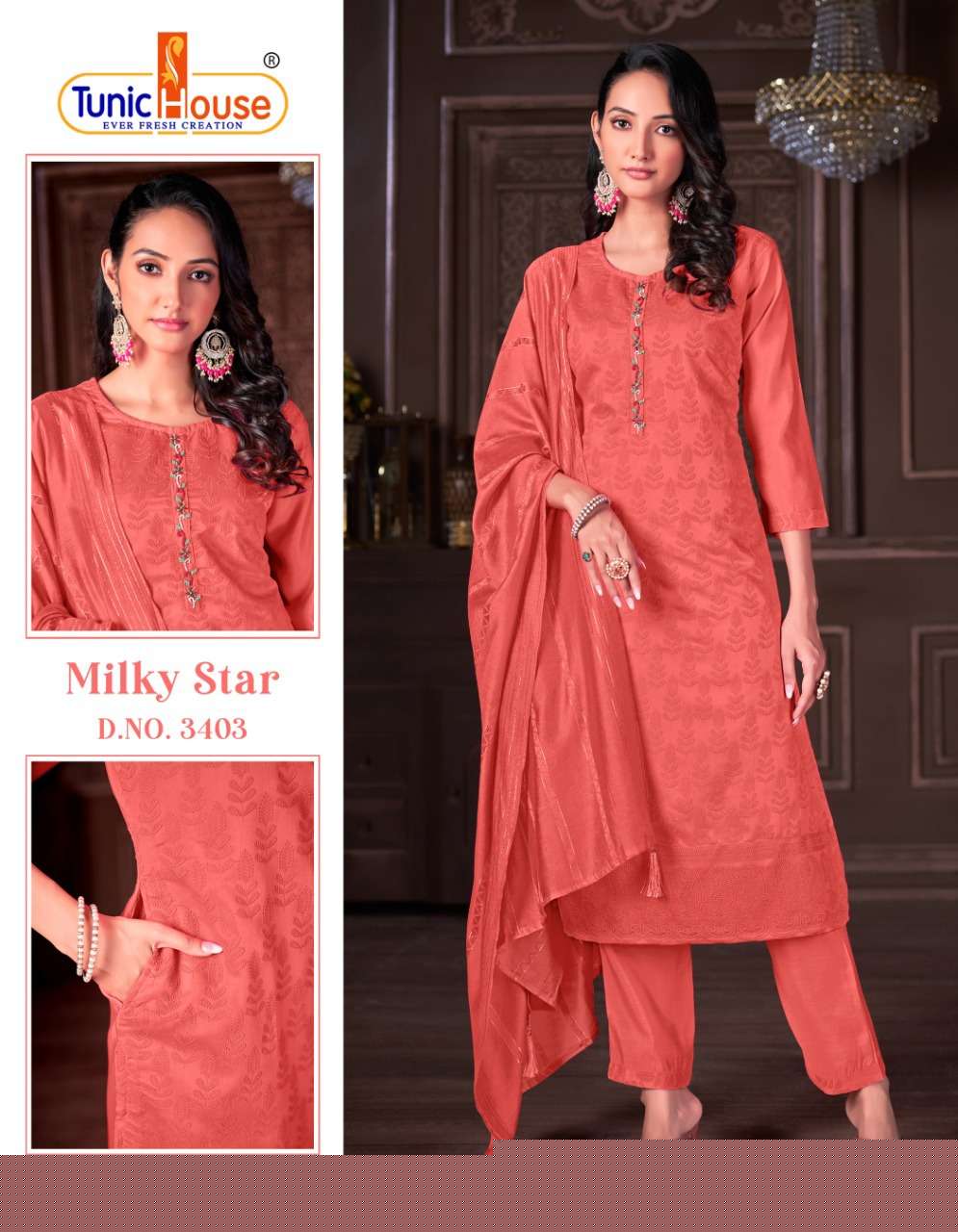 MILKY STAR BY TUNIC HOUSE 3401 TO 3414 SERIES BEAUTIFUL SUITS COLORFUL STYLISH FANCY CASUAL WEAR & ETHNIC WEAR VISCOSE SILK EMBROIDERED DRESSES AT WHOLESALE PRICE