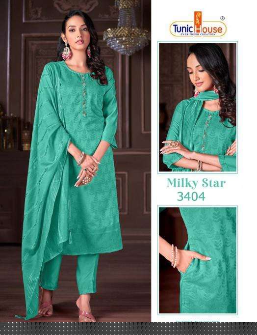 MILKY STAR BY TUNIC HOUSE 3401 TO 3414 SERIES BEAUTIFUL SUITS COLORFUL STYLISH FANCY CASUAL WEAR & ETHNIC WEAR VISCOSE SILK EMBROIDERED DRESSES AT WHOLESALE PRICE