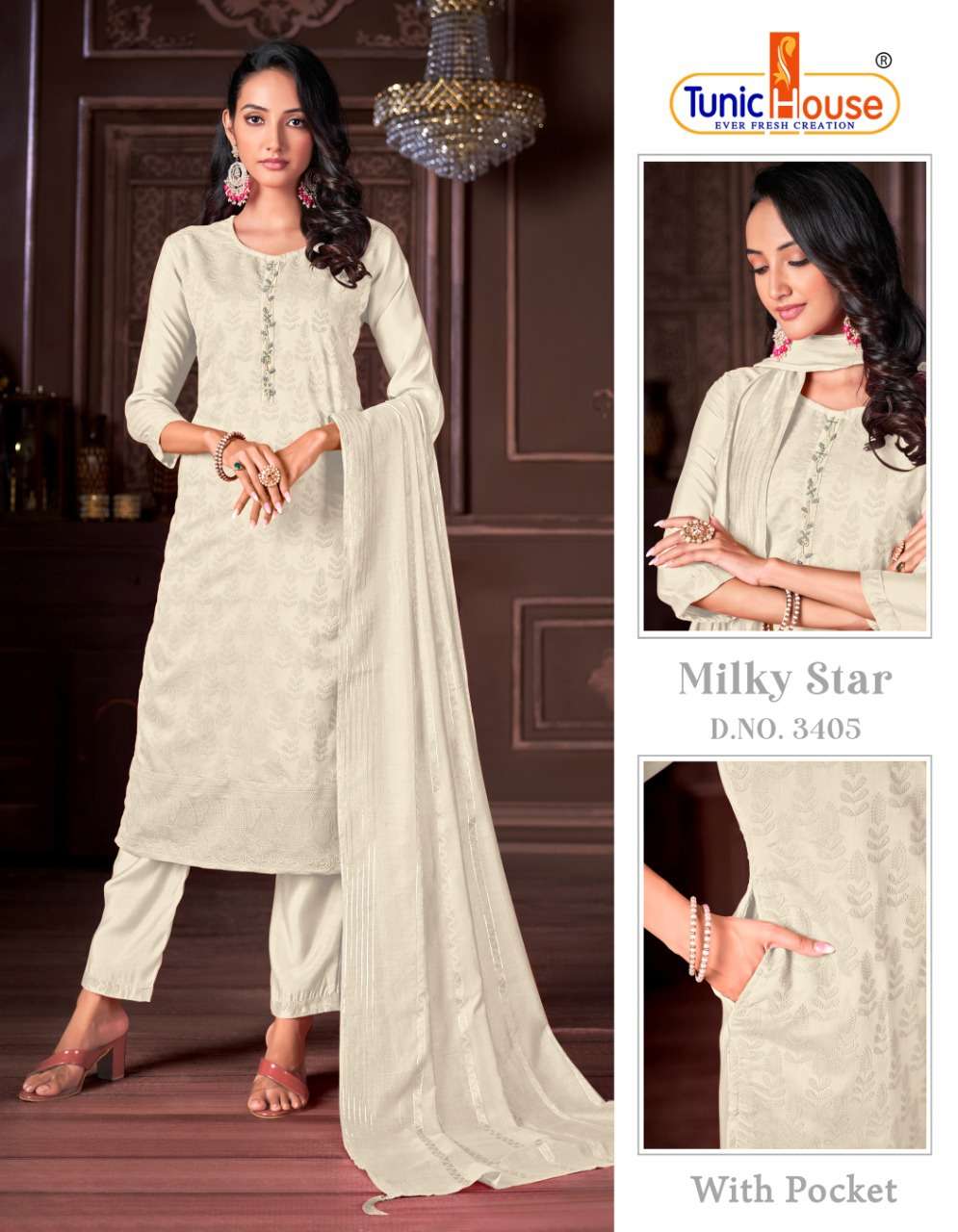 MILKY STAR BY TUNIC HOUSE 3401 TO 3414 SERIES BEAUTIFUL SUITS COLORFUL STYLISH FANCY CASUAL WEAR & ETHNIC WEAR VISCOSE SILK EMBROIDERED DRESSES AT WHOLESALE PRICE