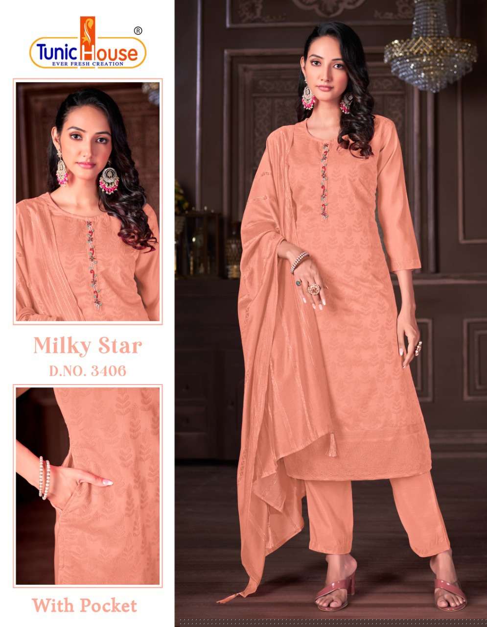 MILKY STAR BY TUNIC HOUSE 3401 TO 3414 SERIES BEAUTIFUL SUITS COLORFUL STYLISH FANCY CASUAL WEAR & ETHNIC WEAR VISCOSE SILK EMBROIDERED DRESSES AT WHOLESALE PRICE