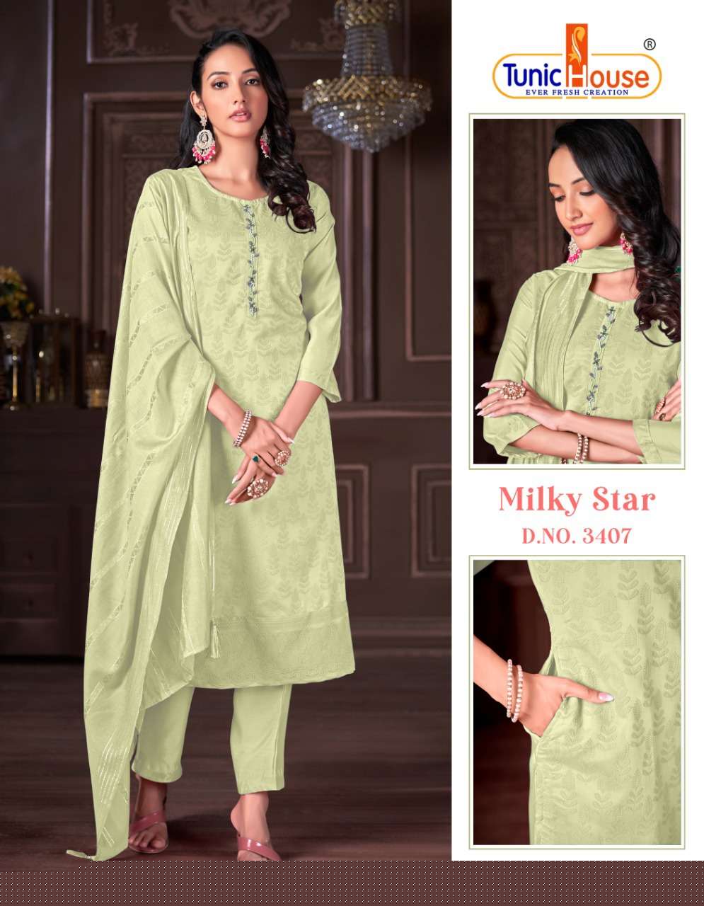 MILKY STAR BY TUNIC HOUSE 3401 TO 3414 SERIES BEAUTIFUL SUITS COLORFUL STYLISH FANCY CASUAL WEAR & ETHNIC WEAR VISCOSE SILK EMBROIDERED DRESSES AT WHOLESALE PRICE