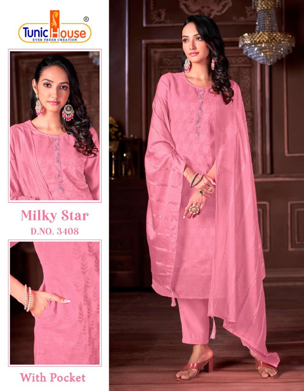 MILKY STAR BY TUNIC HOUSE 3401 TO 3414 SERIES BEAUTIFUL SUITS COLORFUL STYLISH FANCY CASUAL WEAR & ETHNIC WEAR VISCOSE SILK EMBROIDERED DRESSES AT WHOLESALE PRICE