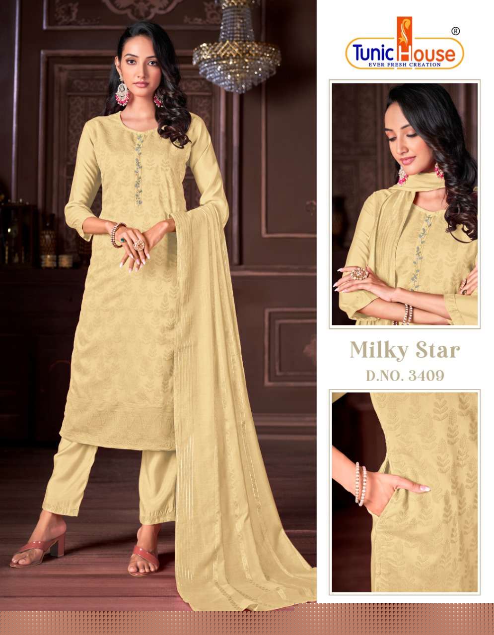 MILKY STAR BY TUNIC HOUSE 3401 TO 3414 SERIES BEAUTIFUL SUITS COLORFUL STYLISH FANCY CASUAL WEAR & ETHNIC WEAR VISCOSE SILK EMBROIDERED DRESSES AT WHOLESALE PRICE