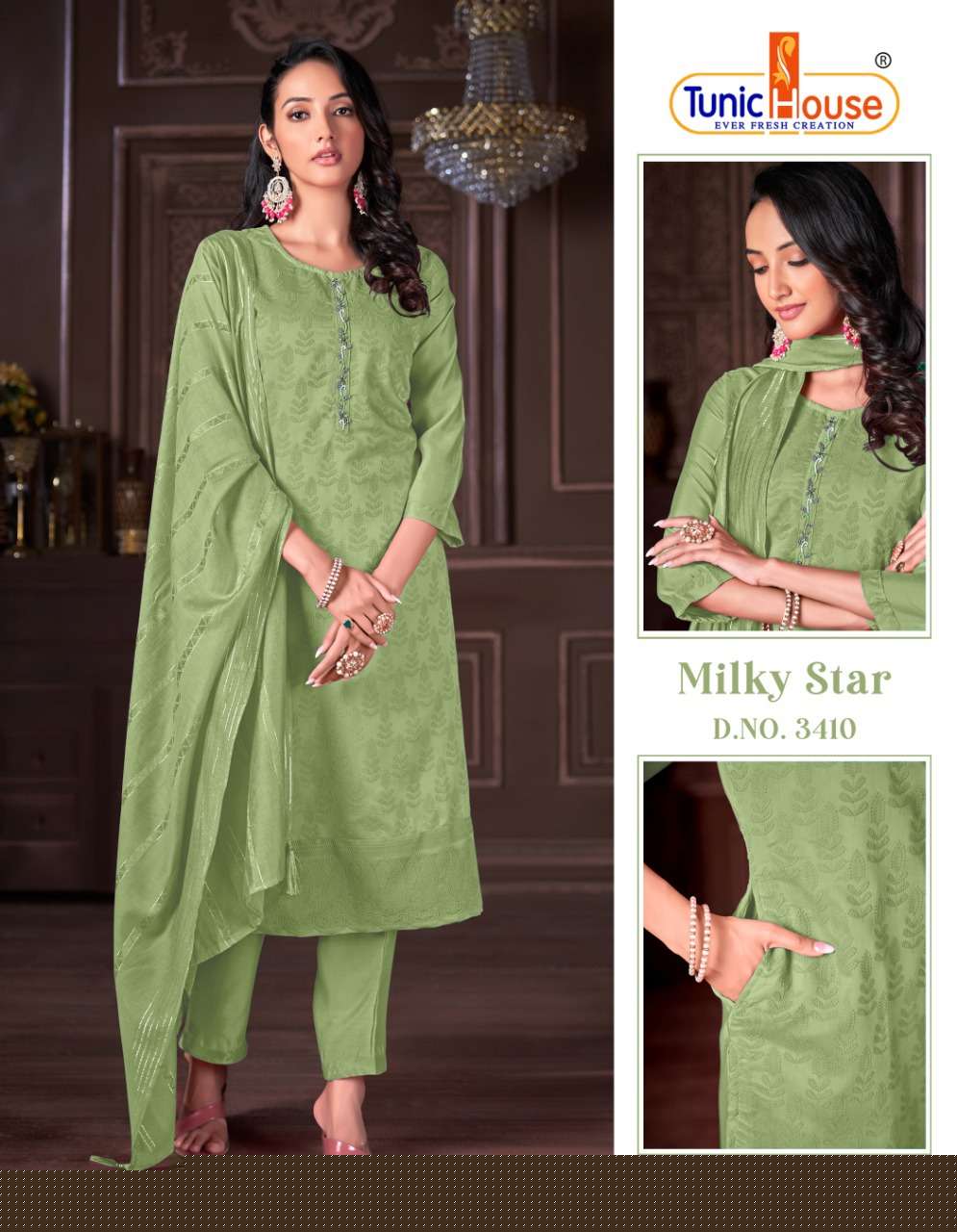 MILKY STAR BY TUNIC HOUSE 3401 TO 3414 SERIES BEAUTIFUL SUITS COLORFUL STYLISH FANCY CASUAL WEAR & ETHNIC WEAR VISCOSE SILK EMBROIDERED DRESSES AT WHOLESALE PRICE