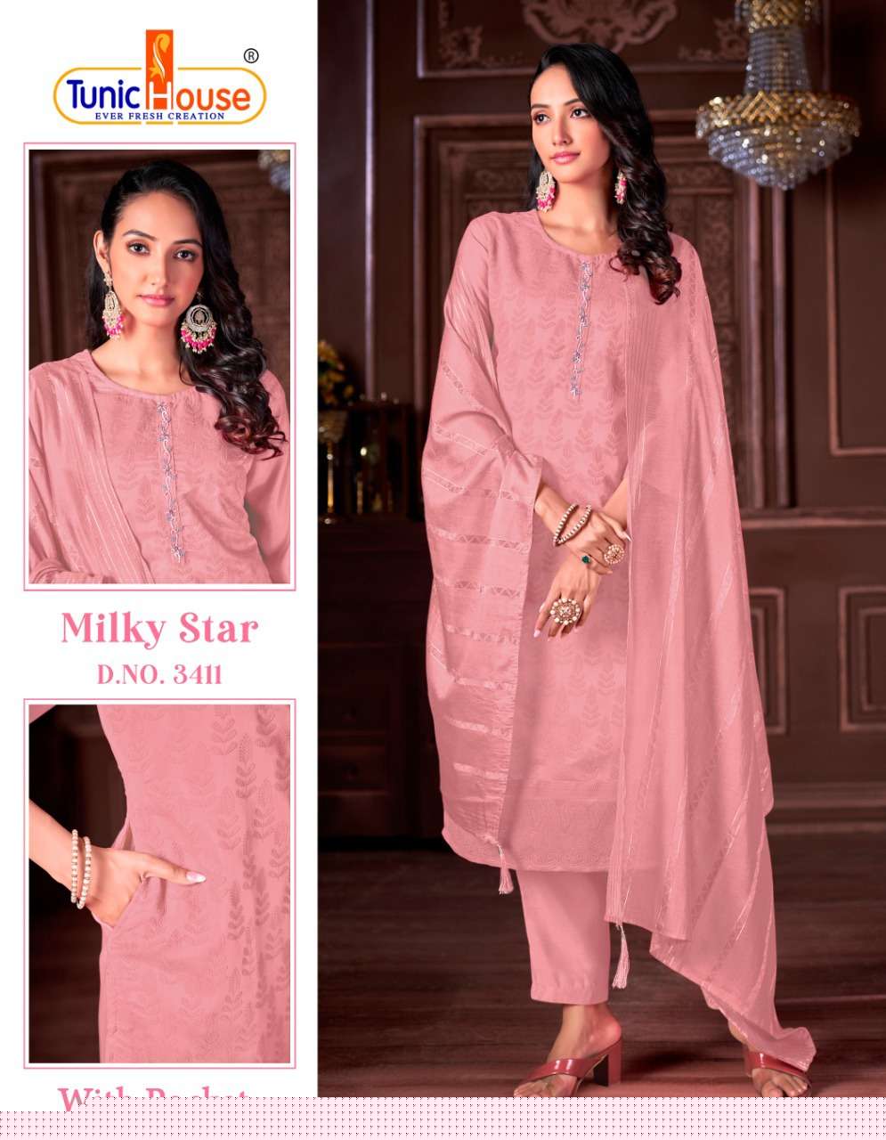 MILKY STAR BY TUNIC HOUSE 3401 TO 3414 SERIES BEAUTIFUL SUITS COLORFUL STYLISH FANCY CASUAL WEAR & ETHNIC WEAR VISCOSE SILK EMBROIDERED DRESSES AT WHOLESALE PRICE