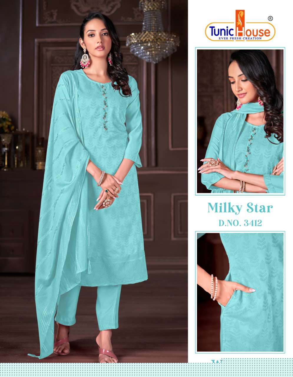 MILKY STAR BY TUNIC HOUSE 3401 TO 3414 SERIES BEAUTIFUL SUITS COLORFUL STYLISH FANCY CASUAL WEAR & ETHNIC WEAR VISCOSE SILK EMBROIDERED DRESSES AT WHOLESALE PRICE