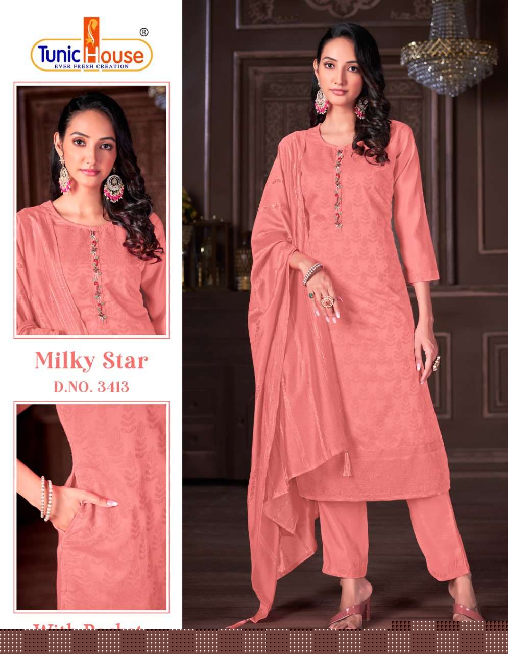 MILKY STAR BY TUNIC HOUSE 3401 TO 3414 SERIES BEAUTIFUL SUITS COLORFUL STYLISH FANCY CASUAL WEAR & ETHNIC WEAR VISCOSE SILK EMBROIDERED DRESSES AT WHOLESALE PRICE