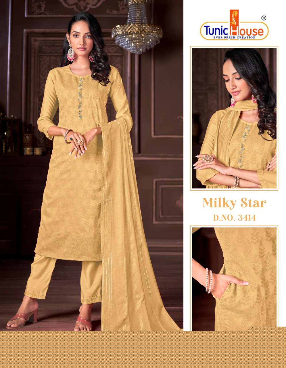 MILKY STAR BY TUNIC HOUSE 3401 TO 3414 SERIES BEAUTIFUL SUITS COLORFUL STYLISH FANCY CASUAL WEAR & ETHNIC WEAR VISCOSE SILK EMBROIDERED DRESSES AT WHOLESALE PRICE