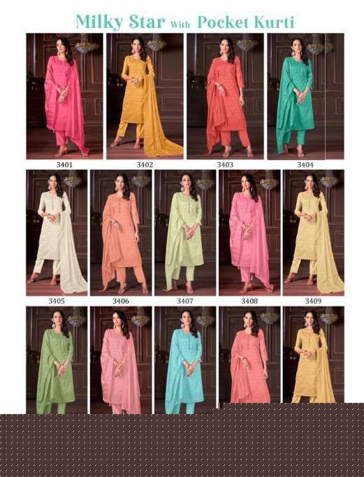 MILKY STAR BY TUNIC HOUSE 3401 TO 3414 SERIES BEAUTIFUL SUITS COLORFUL STYLISH FANCY CASUAL WEAR & ETHNIC WEAR VISCOSE SILK EMBROIDERED DRESSES AT WHOLESALE PRICE