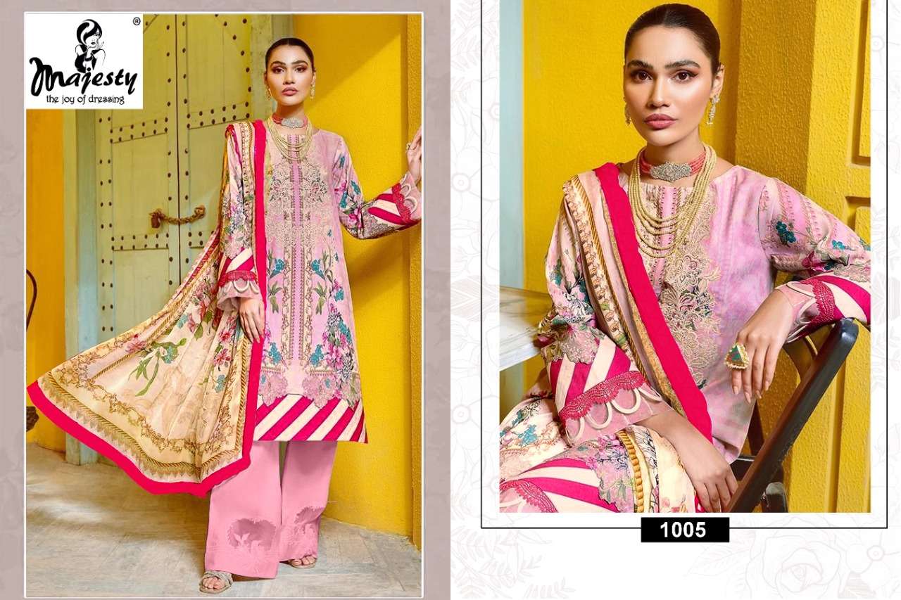 JADE BLISS BY MAJESTY 1001 TO 1006 SERIES BEAUTIFUL PAKISTANI SUITS COLORFUL STYLISH FANCY CASUAL WEAR & ETHNIC WEAR PURE COTTON DRESSES AT WHOLESALE PRICE