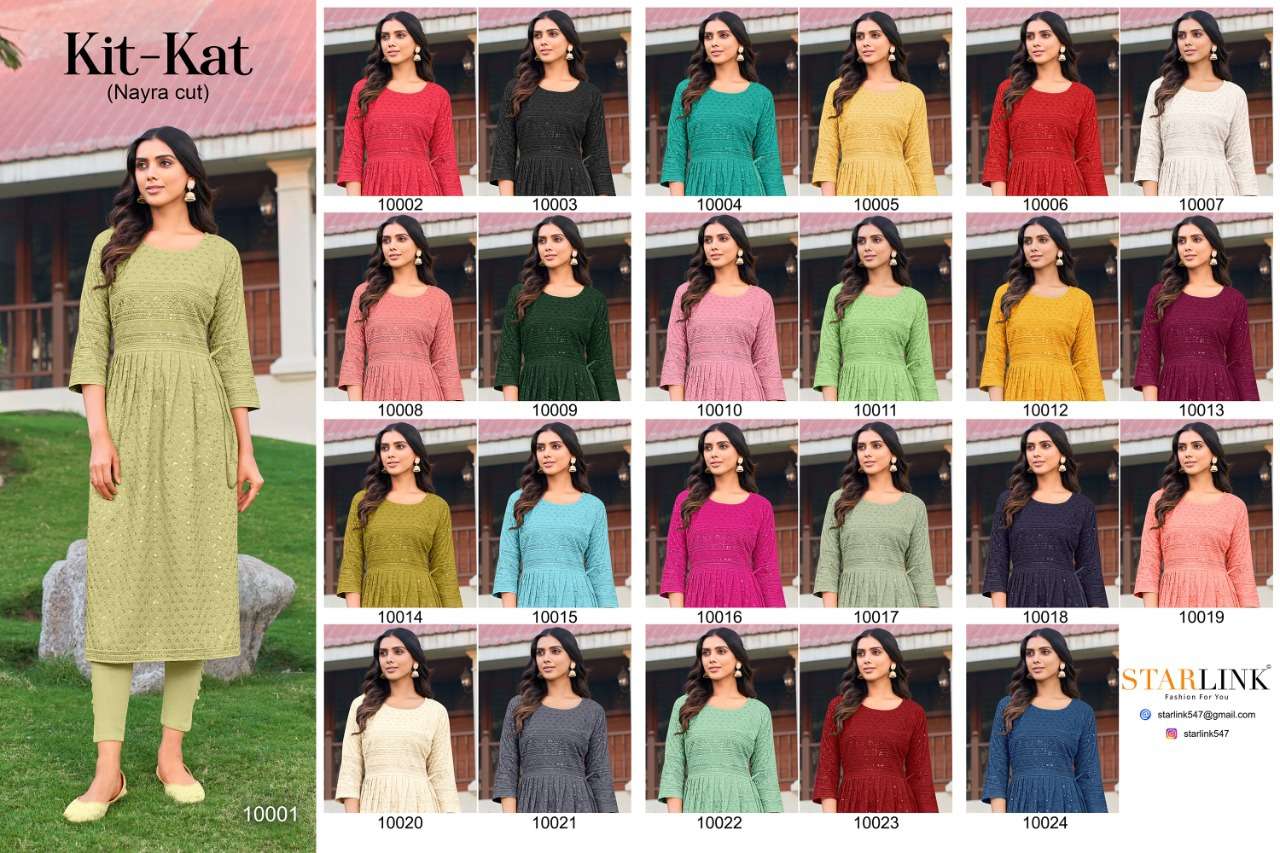 KIT KAT BY STARLINK 10001 TO 10024 SERIES DESIGNER STYLISH FANCY COLORFUL BEAUTIFUL PARTY WEAR & ETHNIC WEAR COLLECTION RAYON KURTIS AT WHOLESALE PRICE