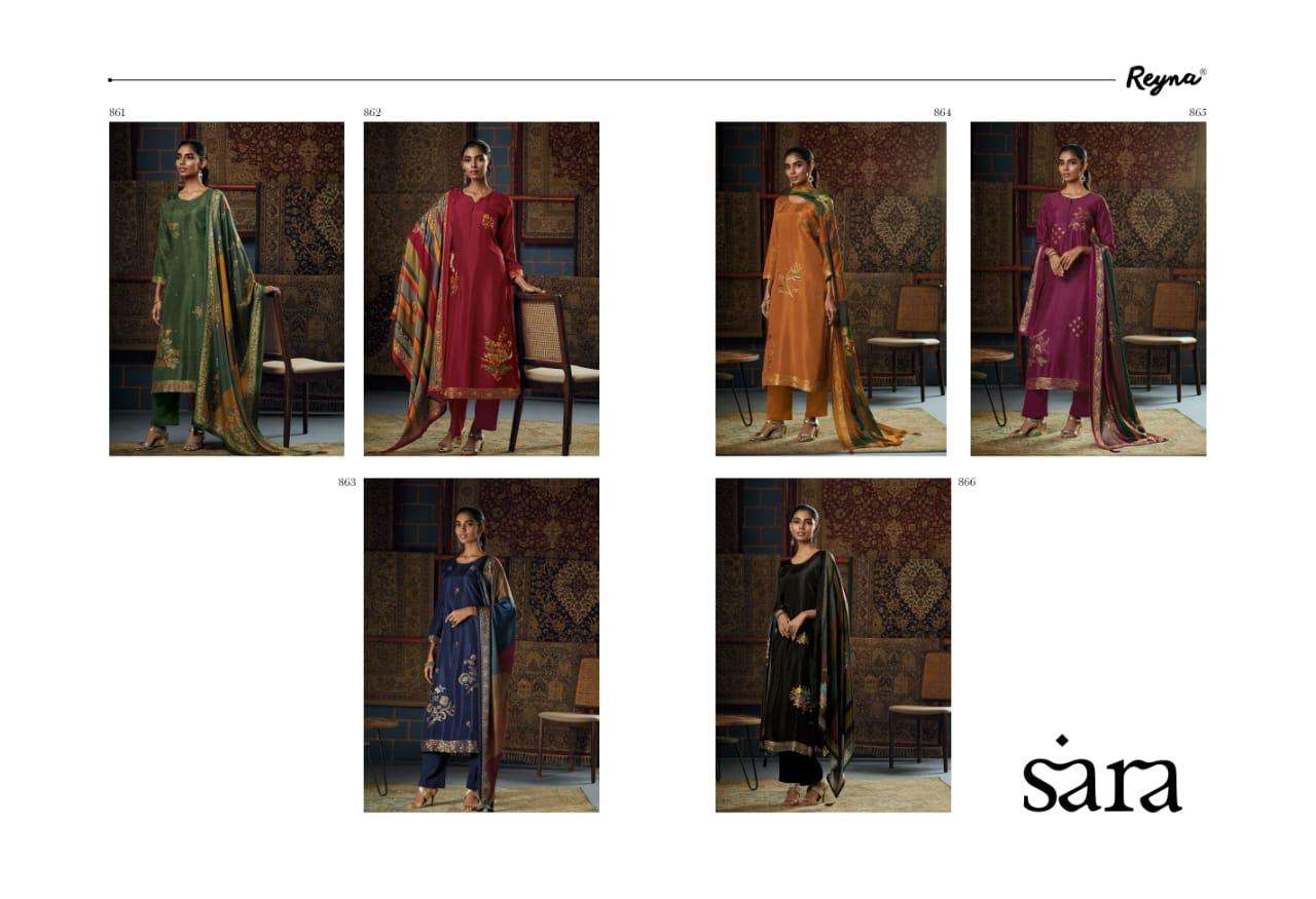 SARA BY REYNA 861 TO 866 SERIES BEAUTIFUL SUITS COLORFUL STYLISH FANCY CASUAL WEAR & ETHNIC WEAR BEMBERG SILK DRESSES AT WHOLESALE PRICE