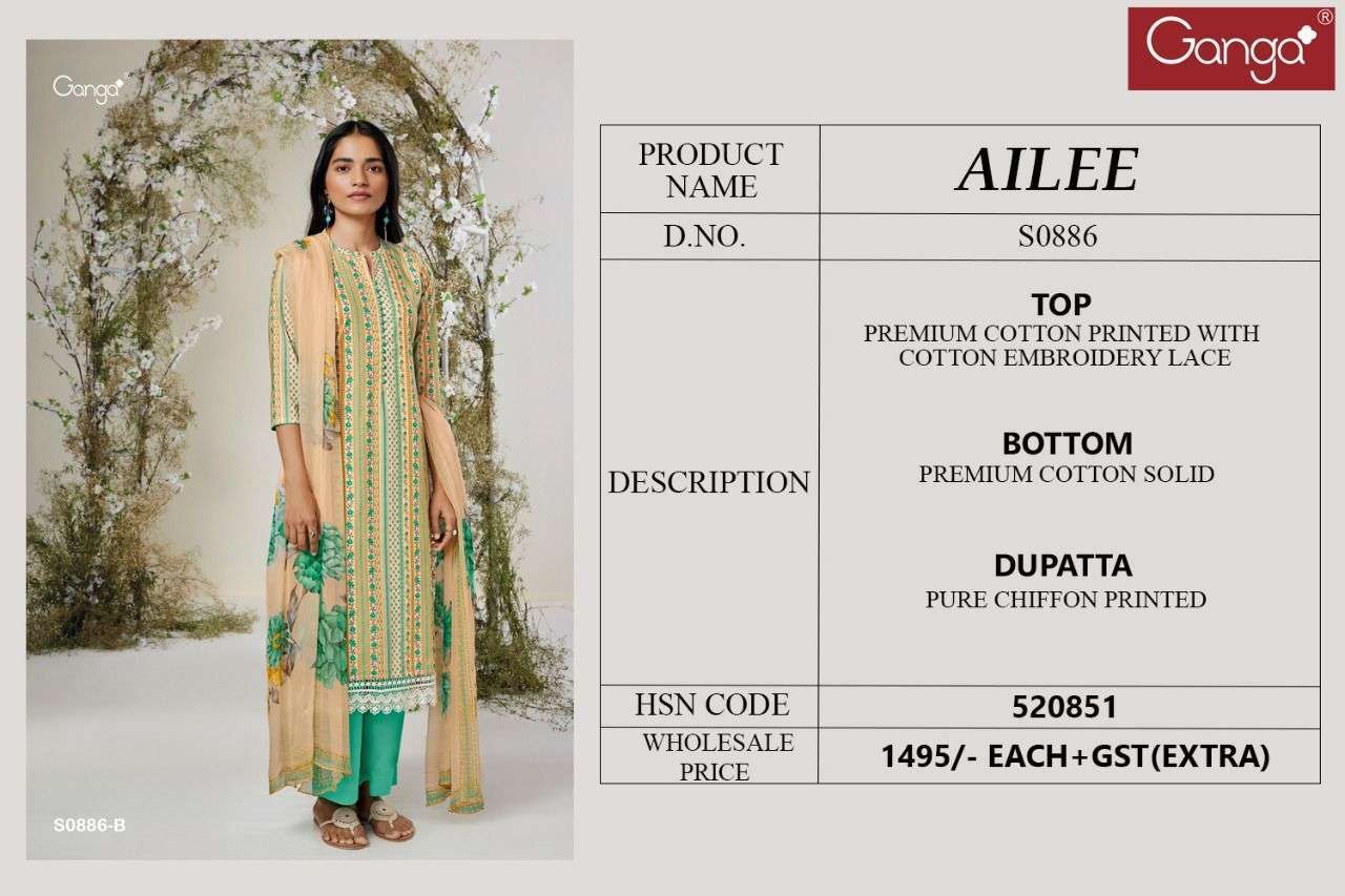 AILEE-886 BY GANGA FASHION 886-A TO 886-D SERIES BEAUTIFUL SUITS COLORFUL STYLISH FANCY CASUAL WEAR & ETHNIC WEAR COTTON PRINT DRESSES AT WHOLESALE PRICE