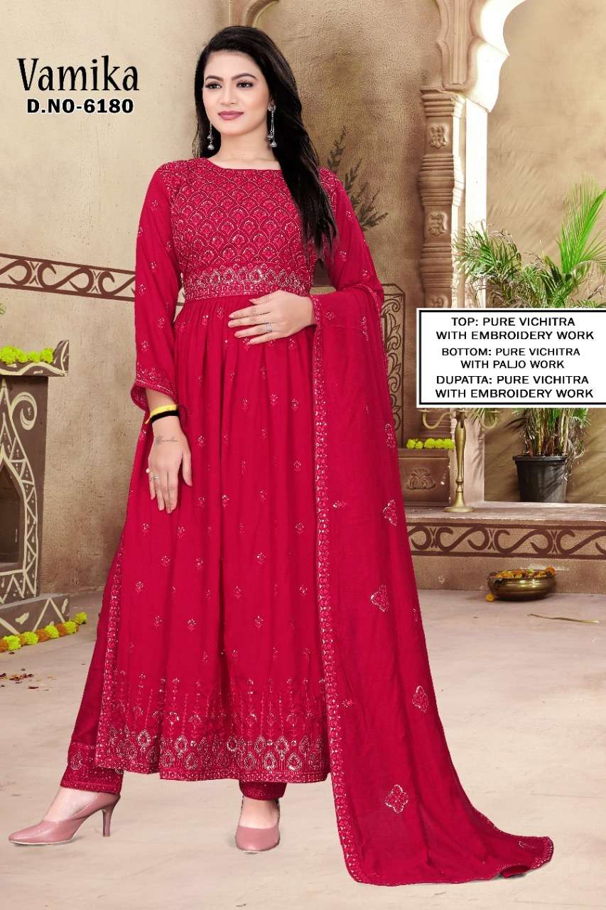 VAMIKA BY VEDANTI 6180-A TO 6180-D SERIES BEAUTIFUL STYLISH SUITS FANCY COLORFUL CASUAL WEAR & ETHNIC WEAR & READY TO WEAR PURE VICHITRA DRESSES AT WHOLESALE PRICE